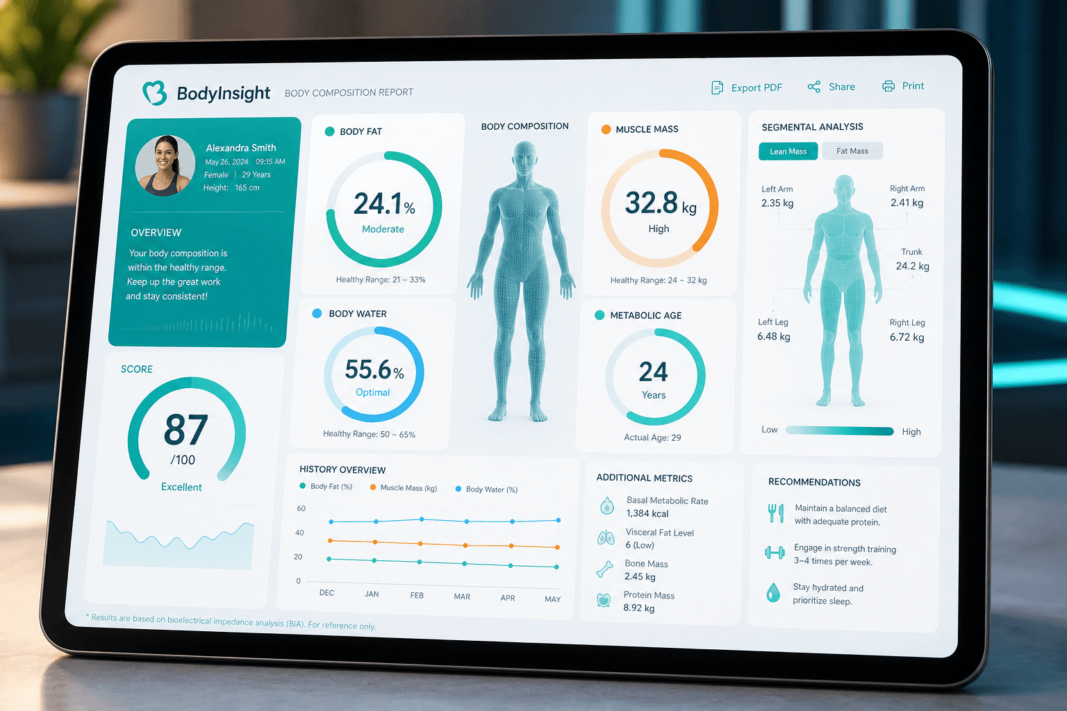 Detailed body composition report showing body fat, muscle and metabolic age
